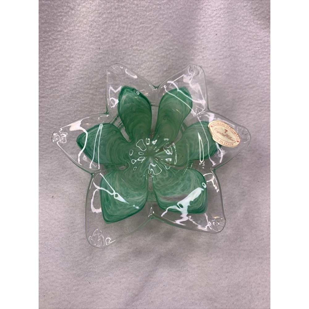 Murano Italy Art Glass‎ Flower Trinket Candy Dish Candle Holder, Green